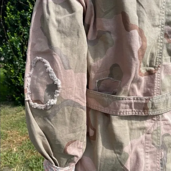 NWT Anthro Distressed Camouflage Boho Utility Military Denim Jacket