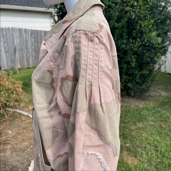 NWT Anthro Distressed Camouflage Boho Utility Military Denim Jacket