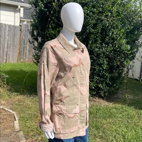 NWT Anthro Distressed Camouflage Boho Utility Military Denim Jacket
