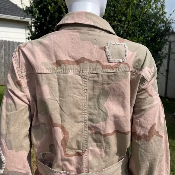 NWT Anthro Distressed Camouflage Boho Utility Military Denim Jacket