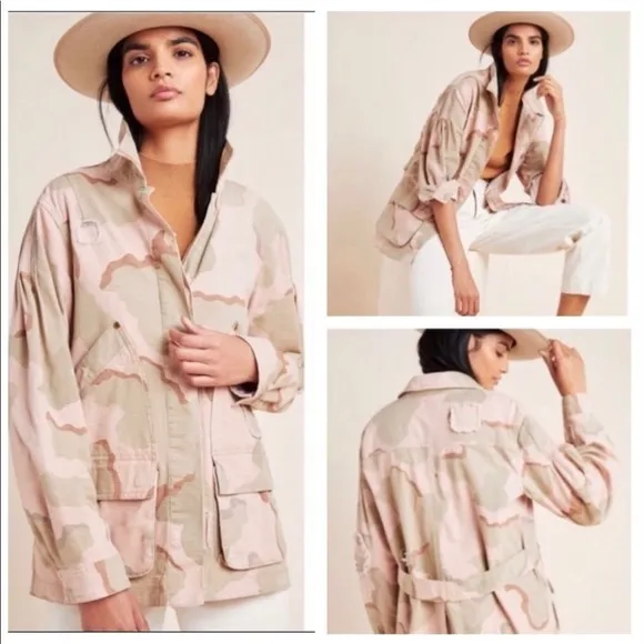 NWT Anthro Distressed Camouflage Boho Utility Military Denim Jacket