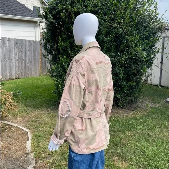 NWT Anthro Distressed Camouflage Boho Utility Military Denim Jacket