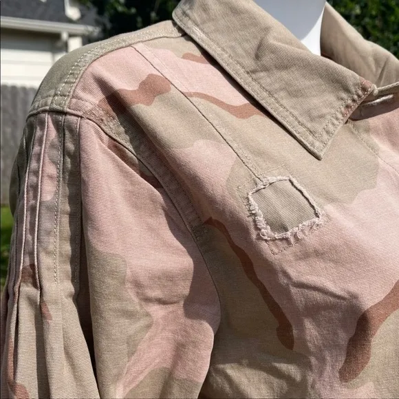 NWT Anthro Distressed Camouflage Boho Utility Military Denim Jacket