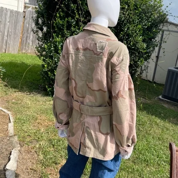 NWT Anthro Distressed Camouflage Boho Utility Military Denim Jacket