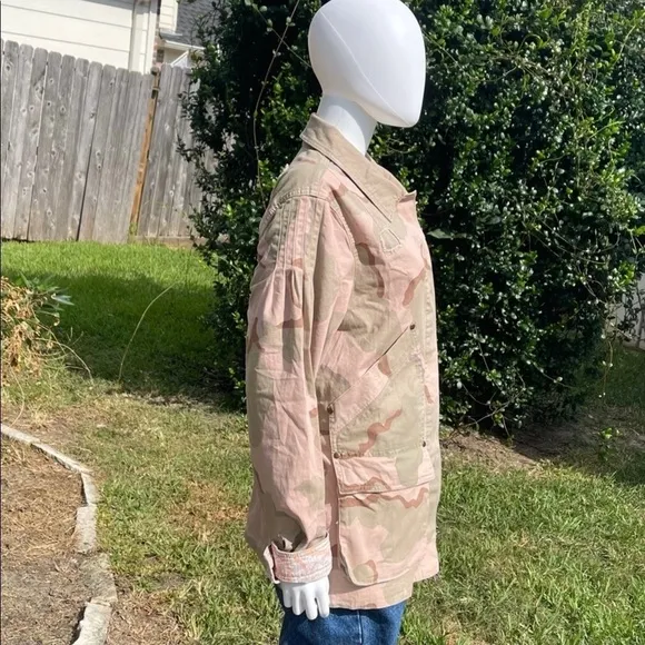 NWT Anthro Distressed Camouflage Boho Utility Military Denim Jacket