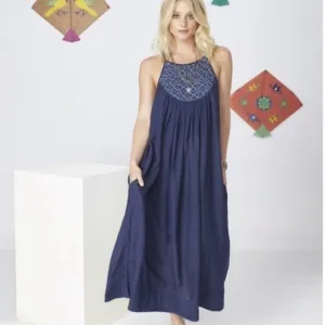 NWT Anthropologie Kopal Mitra Halter Cotton Dress In Navy Blue Size Medium