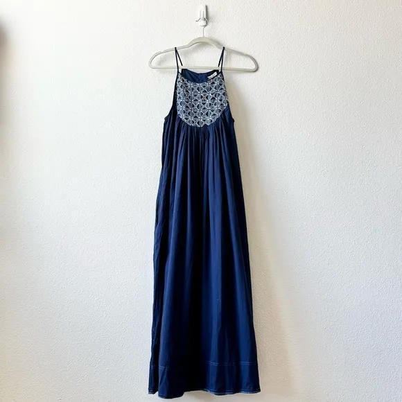 NWT Anthropologie Kopal Mitra Halter Cotton Dress In Navy Blue Size Medium