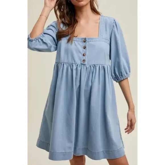 NWT • Anthropologie Long-Sleeve Square-Neck Dress in Light Blue Chambray