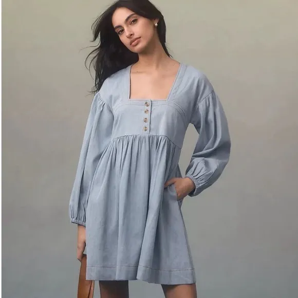 NWT • Anthropologie Long-Sleeve Square-Neck Dress in Light Blue Chambray