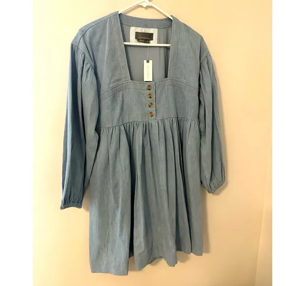 NWT • Anthropologie Long-Sleeve Square-Neck Dress in Light Blue Chambray