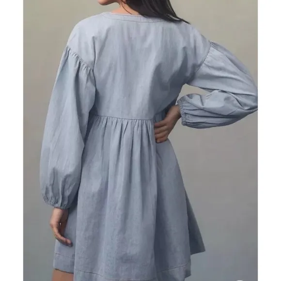 NWT • Anthropologie Long-Sleeve Square-Neck Dress in Light Blue Chambray