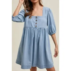 NWT • Anthropologie Long-Sleeve Square-Neck Dress in Light Blue Chambray