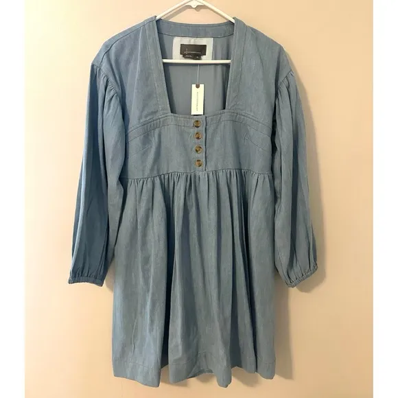 NWT • Anthropologie Long-Sleeve Square-Neck Dress in Light Blue Chambray