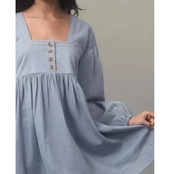 NWT • Anthropologie Long-Sleeve Square-Neck Dress in Light Blue Chambray