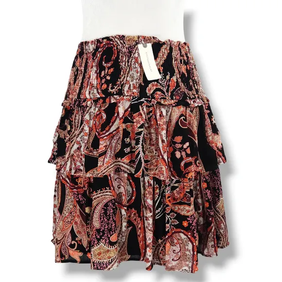 NWT Anthropologie Myla Tiered Floral Paisley Mini Skirt Sz. XS [0-2] Wine