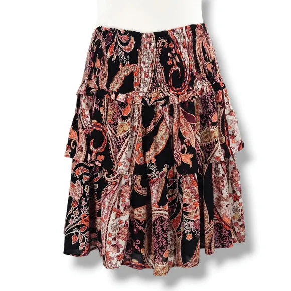 NWT Anthropologie Myla Tiered Floral Paisley Mini Skirt Sz. XS [0-2] Wine