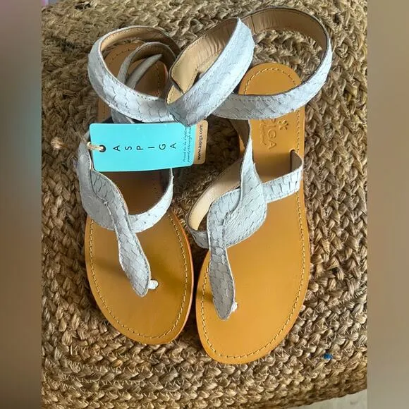 NWT ASPIGA Handcrafted White Cobra Wrap Sandals Wired Ankle Wrap Leather 38