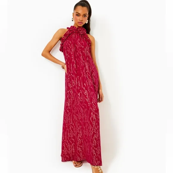 NWT Florian Silk Maxi Dress in Malbec Red Fish Clip Chiffon - Size 6