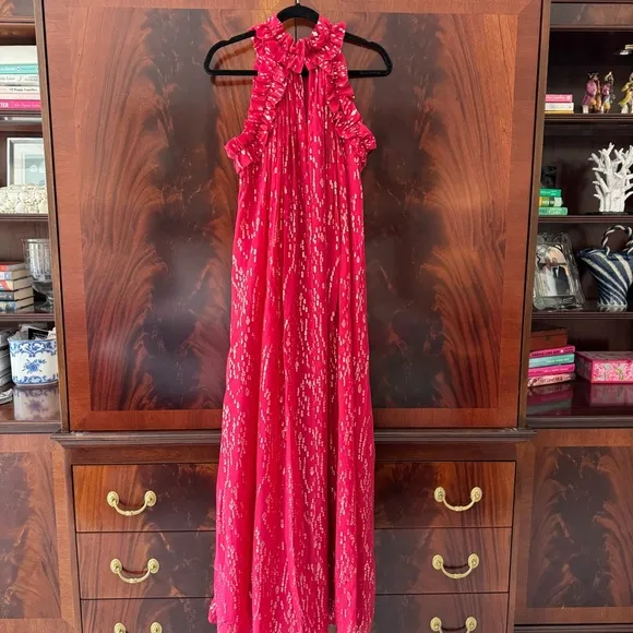 NWT Florian Silk Maxi Dress in Malbec Red Fish Clip Chiffon - Size 6