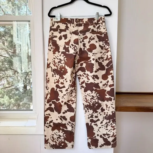 NWT Free People Risk Taker Mid Rise Printed Jeans Cow Print Denim Brown Cream