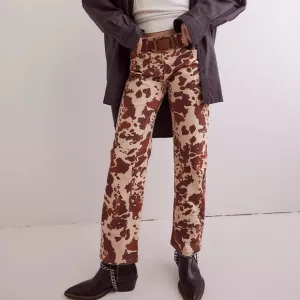NWT Free People Risk Taker Mid Rise Printed Jeans Cow Print Denim Brown Cream