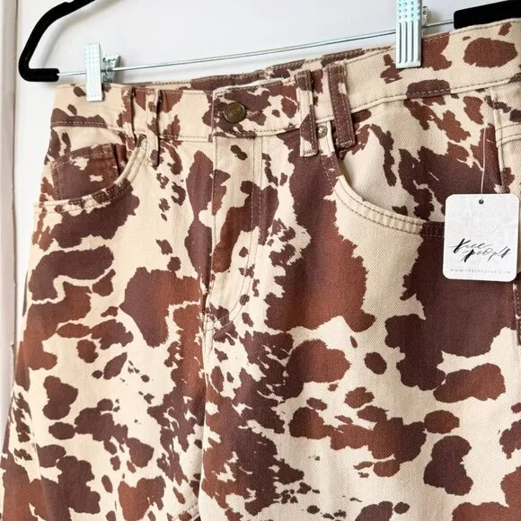 NWT Free People Risk Taker Mid Rise Printed Jeans Cow Print Denim Brown Cream