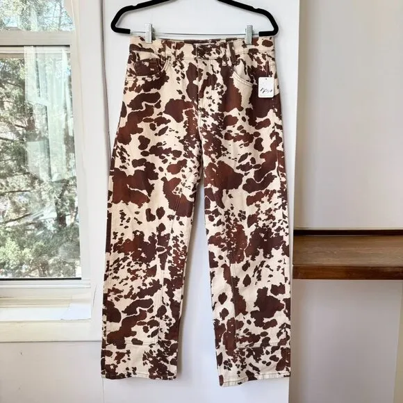 NWT Free People Risk Taker Mid Rise Printed Jeans Cow Print Denim Brown Cream