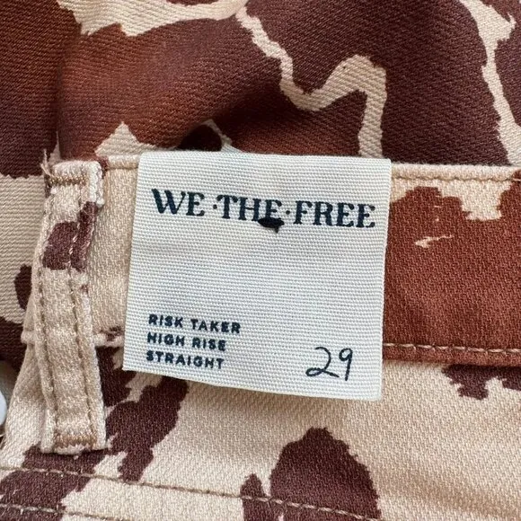 NWT Free People Risk Taker Mid Rise Printed Jeans Cow Print Denim Brown Cream