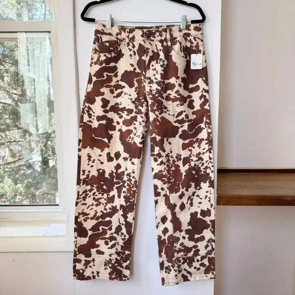 NWT Free People Risk Taker Mid Rise Printed Jeans Cow Print Denim Brown Cream