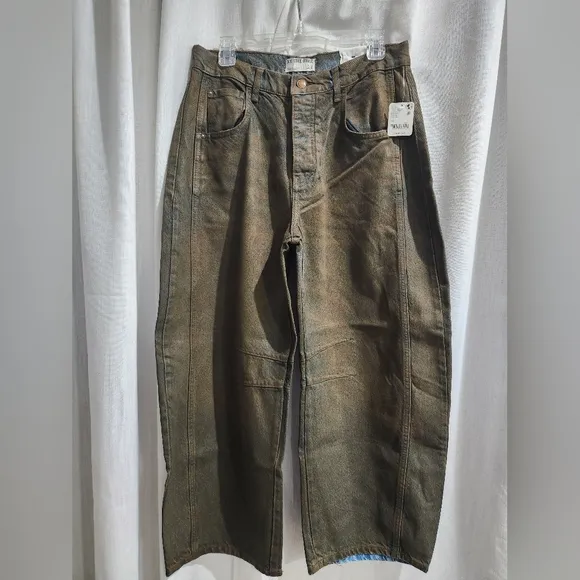 NWT Free People We The Free Good Luck Coated Wide Leg Barrel Brown Jeans 28
