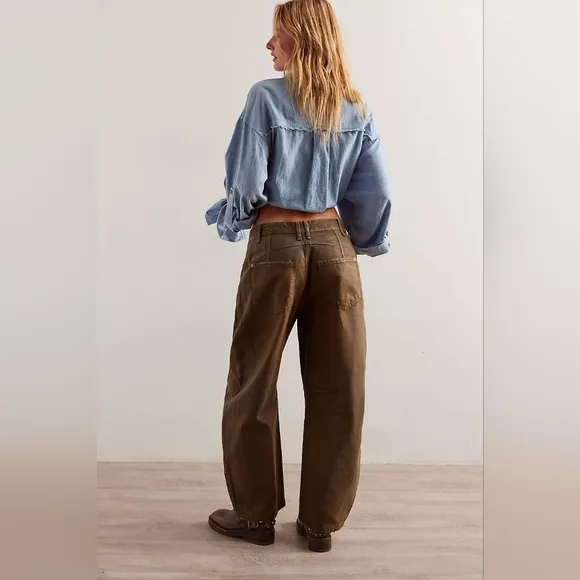 NWT Free People We The Free Good Luck Coated Wide Leg Barrel Brown Jeans 28