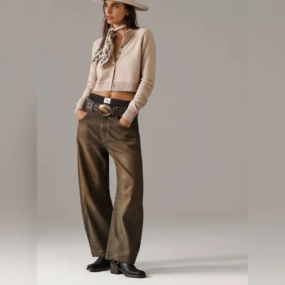 NWT Free People We The Free Good Luck Coated Wide Leg Barrel Brown Jeans 28
