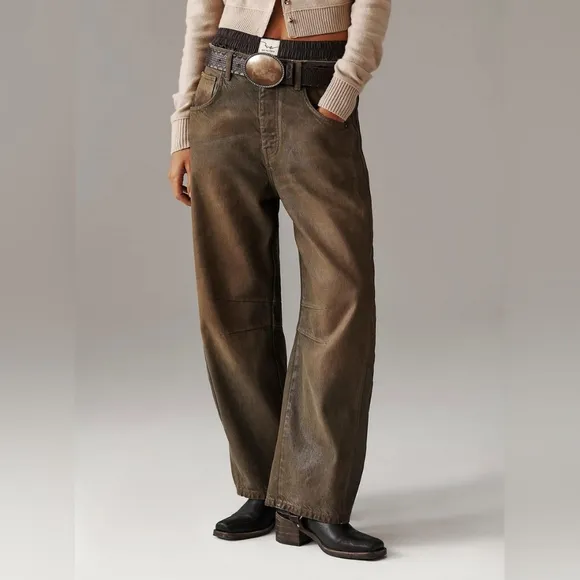 NWT Free People We The Free Good Luck Coated Wide Leg Barrel Brown Jeans 28