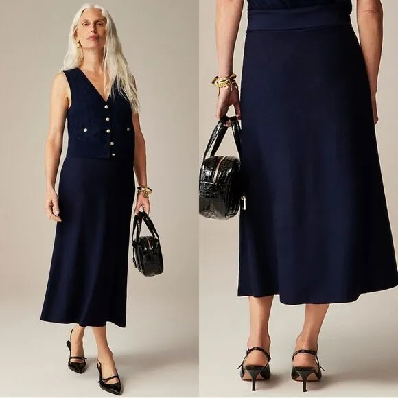 NWT J CREW Foldover sweater midi skirt in merino wool blend in dark navy