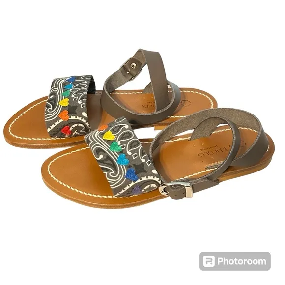 NWT K. Jacques Leather Printed Pride Rainbow Gladiator Sandals French Size 6.5-7