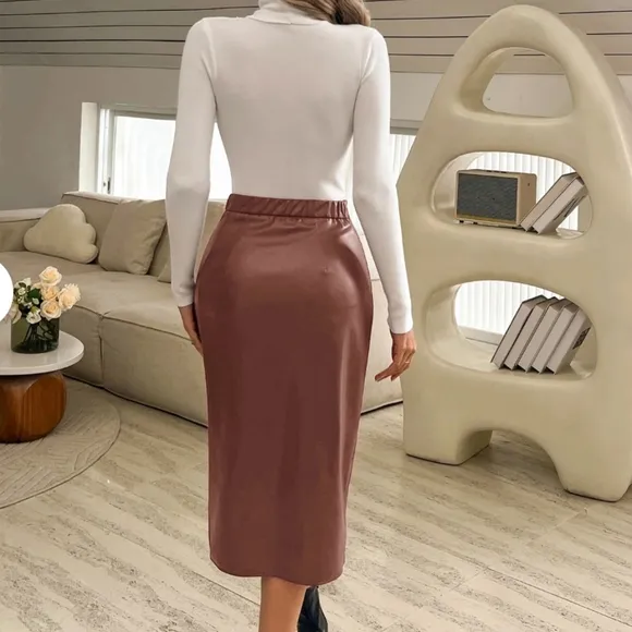 NWT Kate Kasin Women's Leather Skirts and Wrap Midi Pencil Skirt