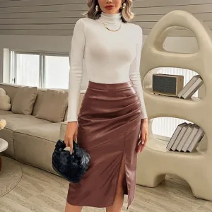 NWT Kate Kasin Women's Leather Skirts and Wrap Midi Pencil Skirt