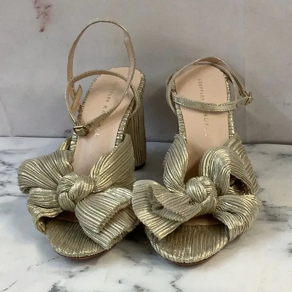 NWT Loeffler Randal Gold Metallic Knotted Bow Sandals Size 6