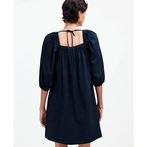 NWT Madewell Square-Neck Puff-Sleeve Mini Dress In Navy Size 14