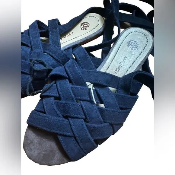 NWT Maliparmi Women's Navy Suede ankle wrap flat Sandals size 37/ 6.5 US