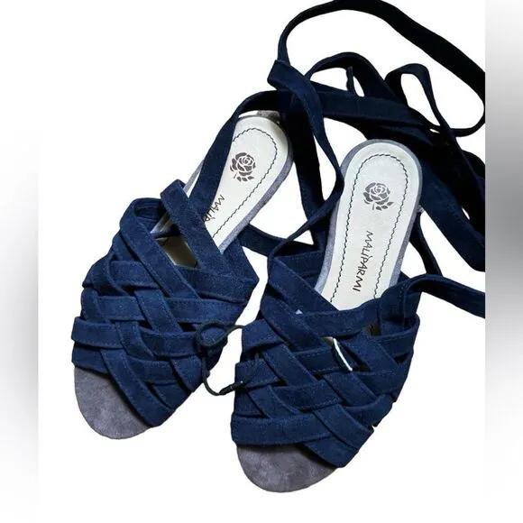 NWT Maliparmi Women's Navy Suede ankle wrap flat Sandals size 37/ 6.5 US