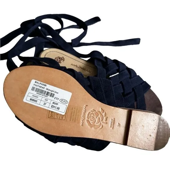 NWT Maliparmi Women's Navy Suede ankle wrap flat Sandals size 37/ 6.5 US