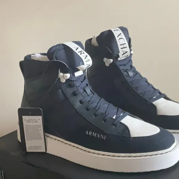 NWT Men’s Armani Exchange Navy and White High-Top Boots
