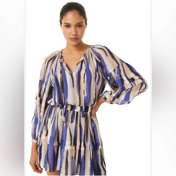 NWT MISA Los Angeles Karlina Blue and Cream Striped Women's Chiffon Mini Dress