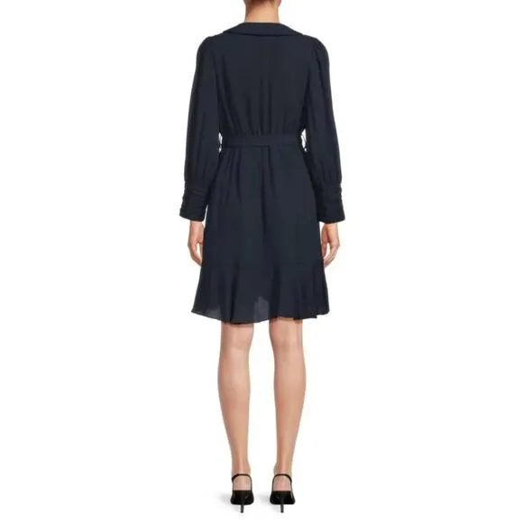 NWT Nanette Lepore Women's Ruched Cuff Ruffle Tulip Hem Faux Wrap Mini Dress
