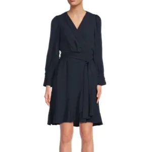 NWT Nanette Lepore Women's Ruched Cuff Ruffle Tulip Hem Faux Wrap Mini Dress
