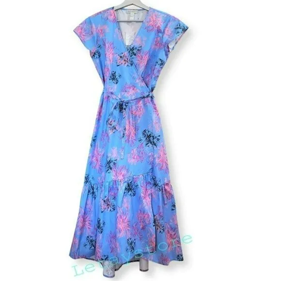NWT NEIMAN MARCUS Floral Print Ruffle Hi-Low Hem Cotton Wrap Midi Dress