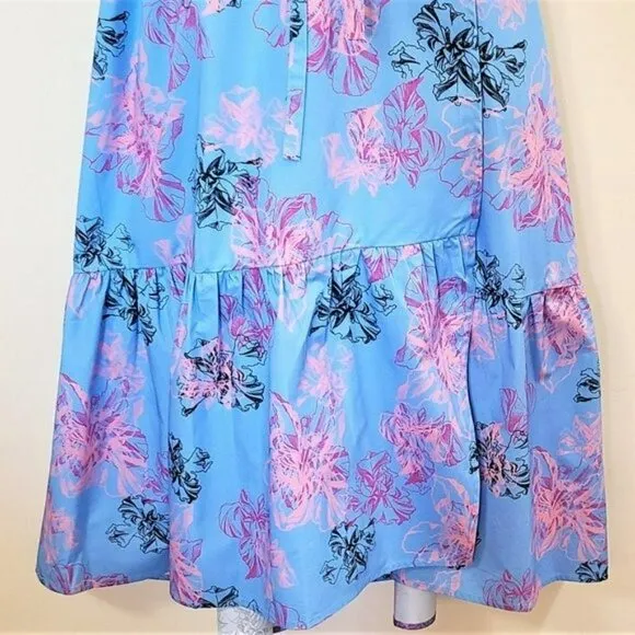 NWT NEIMAN MARCUS Floral Print Ruffle Hi-Low Hem Cotton Wrap Midi Dress