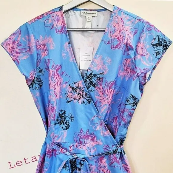 NWT NEIMAN MARCUS Floral Print Ruffle Hi-Low Hem Cotton Wrap Midi Dress