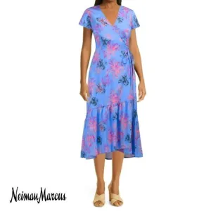 NWT NEIMAN MARCUS Floral Print Ruffle Hi-Low Hem Cotton Wrap Midi Dress